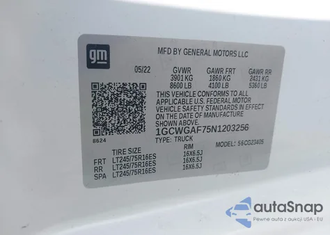 2022 Chevrolet Express Cargo Rwd 2500 Regular Wheelbase Wt из США, поврежденный, VIN 1GCWGAF75N1203256